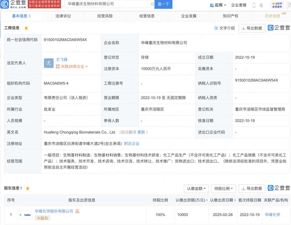 华峰化学于重庆新设生物材料子公司,注册资本1亿元