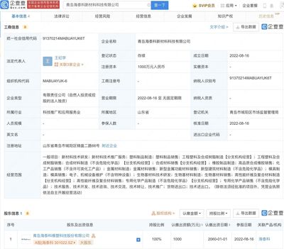 海泰科成立新材料科技公司,经营范围含生物基材料制造